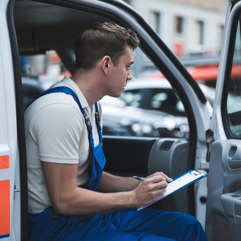 Mężczyzna w niebieskim kombinezonie wynajmujący bus w Legnicy.